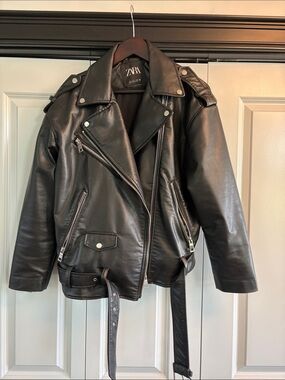 ZARA Black Faux Leather Biker Jacket with Belt